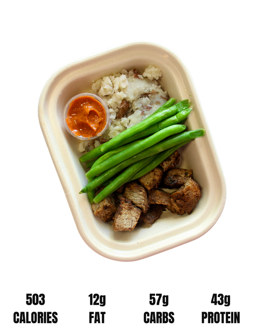 ROMESCO GRASS-FINISHED STEAK + GARLIC MASH