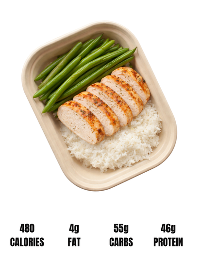NO MERCY FUEL // JASMINE RICE : CHOICE OF PROTEIN, ORGANIC GREEN BEANS